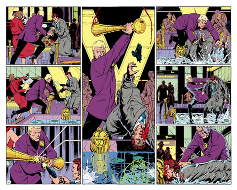 The middle two pages of Watchmen #5, titled "Fearful Symmetry". The whole of the issue's layout was intended to be symmetrical, culminating in this center spread, where the pages reflect one another. Art by Dave Gibbons.